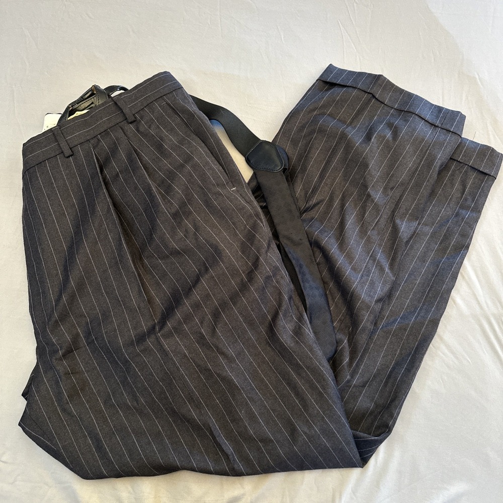 Oscar De La Renta Dress Pants Mens 41 Gray Wool Silk Blend Pin Stripe Suspenders